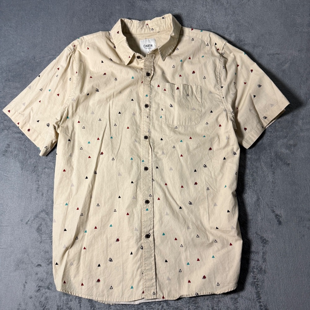 Katin Mens XXL Short Sleeve Button Down Shirt Cream Triangle Print‎ Cotton